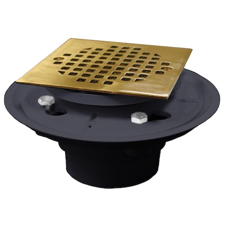 Jones Stephens 2in. x 3in. PVC Shower Drain with 2in. PVC Spud and 4in. Square Polished Brass Cast Strainer D50135